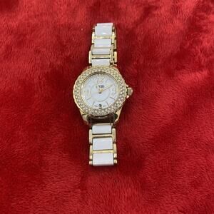 Ladies Lanciani Ceramic White Gold Tone White Dial Rhinestones Analog Watch 29mm